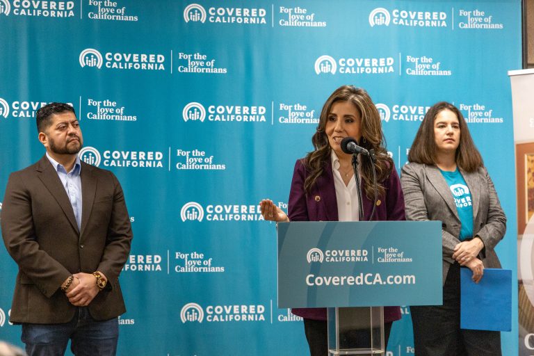 Dr. Olga Meave (center) delivers remarks, on Nov. 13, 2025, at Covered California's open enrollment kickoff in Fresno, accompanied by Luis Chavez (left), Fresno Board of Supervisors, District 3, and Jessica Altman (right), Covered California's CEO.